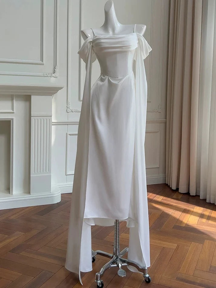 A line Off-the-Shoulder Chiffon White Evening Dress Prom Dress With Streamer