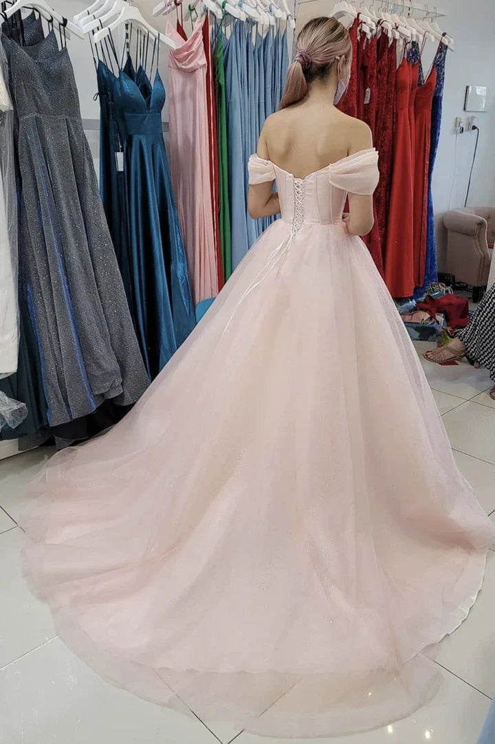 A line Off-the-Shoulder Tulle Satin Pink Long Prom Dress Evening Dress
