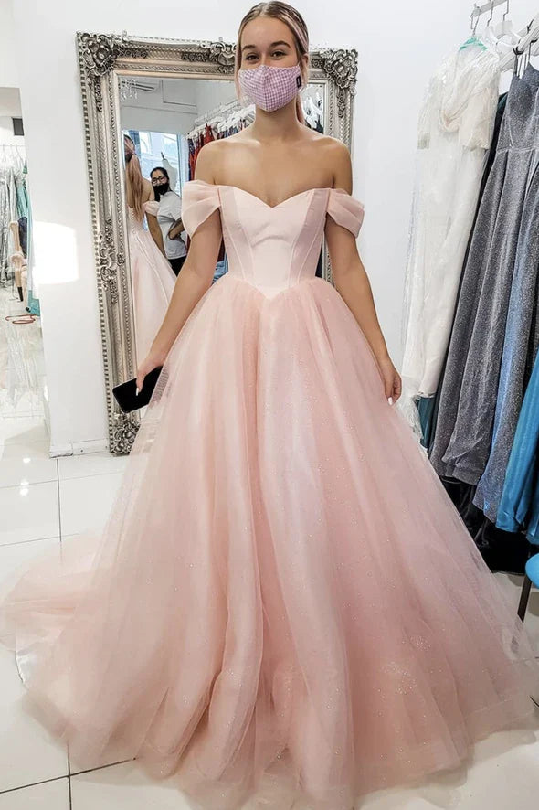 A line Off-the-Shoulder Tulle Satin Pink Long Prom Dress Evening Dress