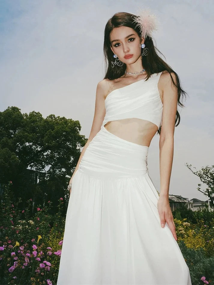 A line One Shoulder Cutout Chiffon White Long Evening Dress Prom Dress
