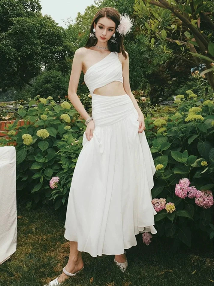 A line One Shoulder Cutout Chiffon White Long Evening Dress Prom Dress
