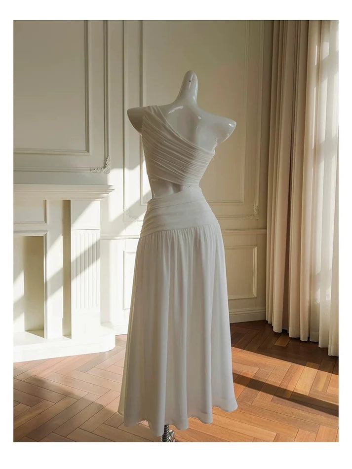 A line One Shoulder Cutout Chiffon White Long Evening Dress Prom Dress
