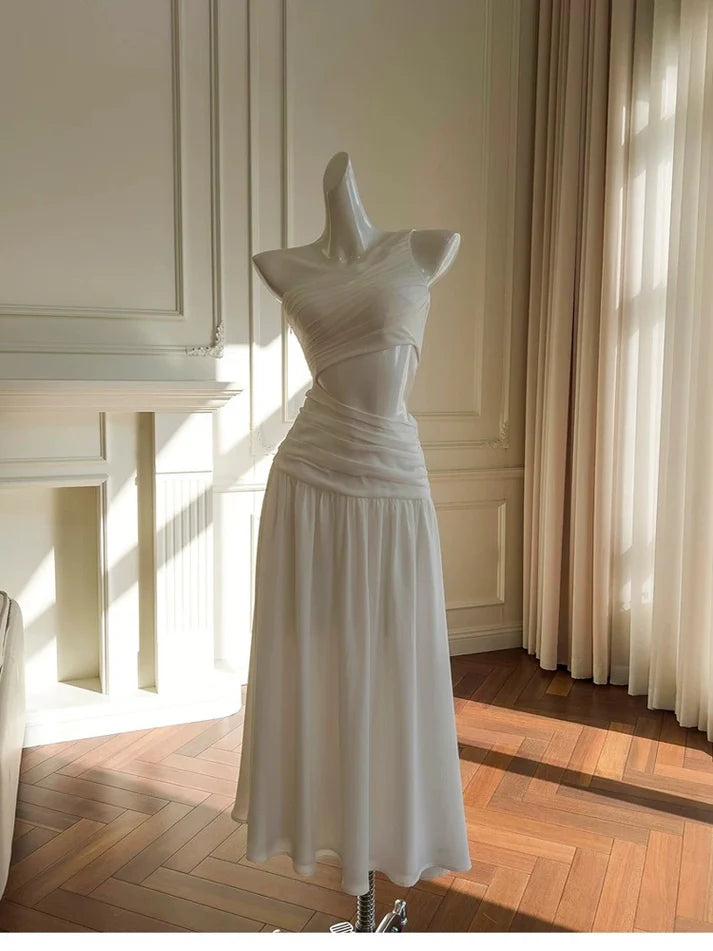 A line One Shoulder Cutout Chiffon White Long Evening Dress Prom Dress