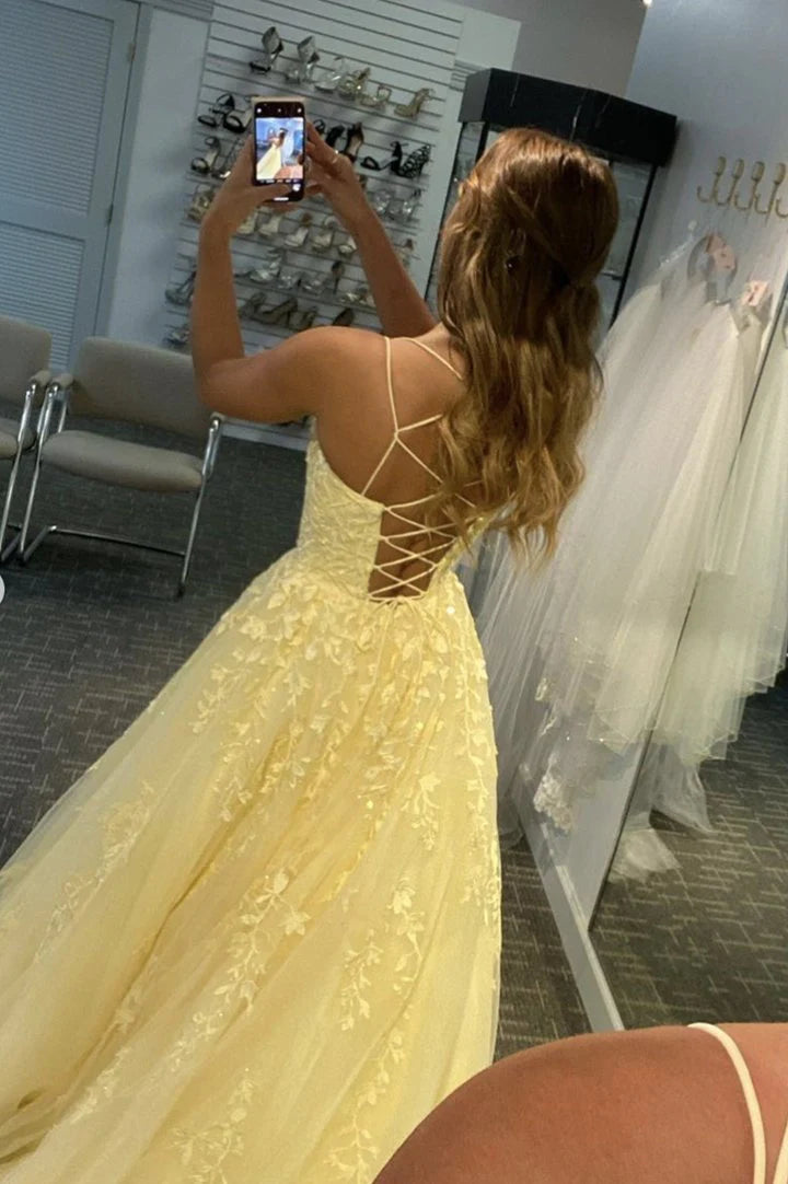 A line Spaghetti Straps Appliques Lace Tulle Yellow Long Prom Dress