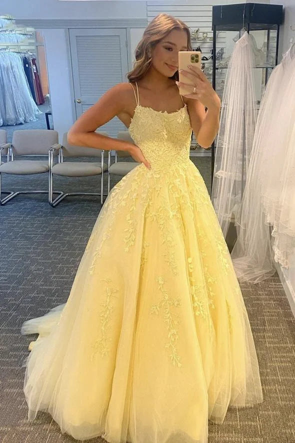A line Spaghetti Straps Appliques Lace Tulle Yellow Long Prom Dress