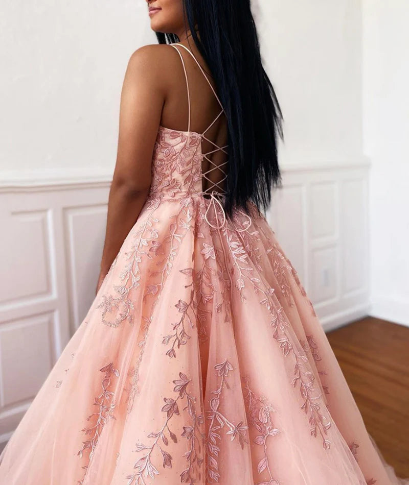 A line Spaghetti Straps Beaded Appliques Lace Tulle Pink Long Prom Dress