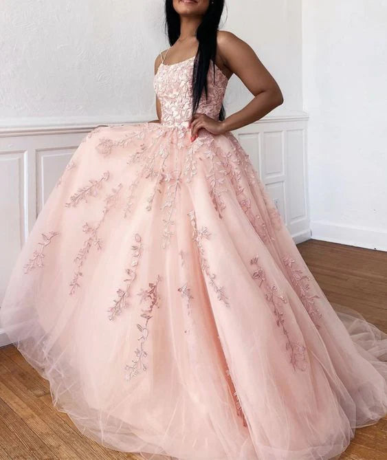 A line Spaghetti Straps Beaded Appliques Lace Tulle Pink Long Prom Dress