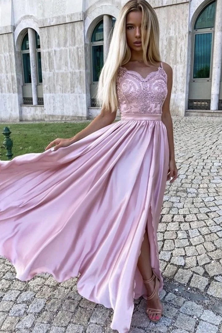 A line Spaghetti Straps Lace Satin Pink Long Prom Dress Evening Dress