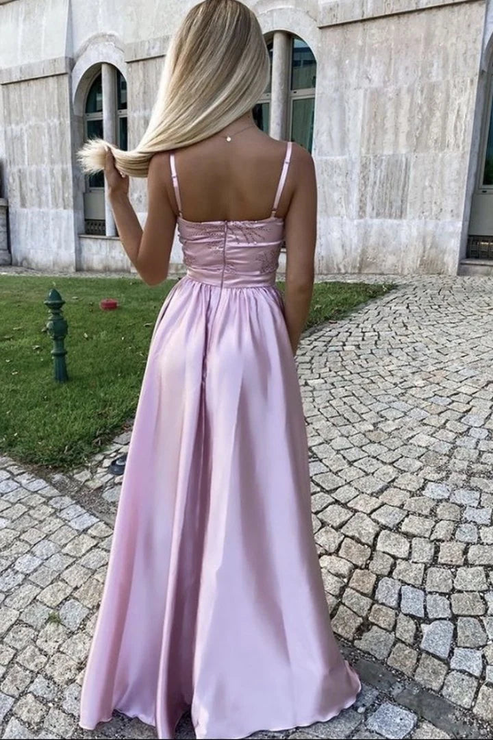 A line Spaghetti Straps Lace Satin Pink Long Prom Dress Evening Dress