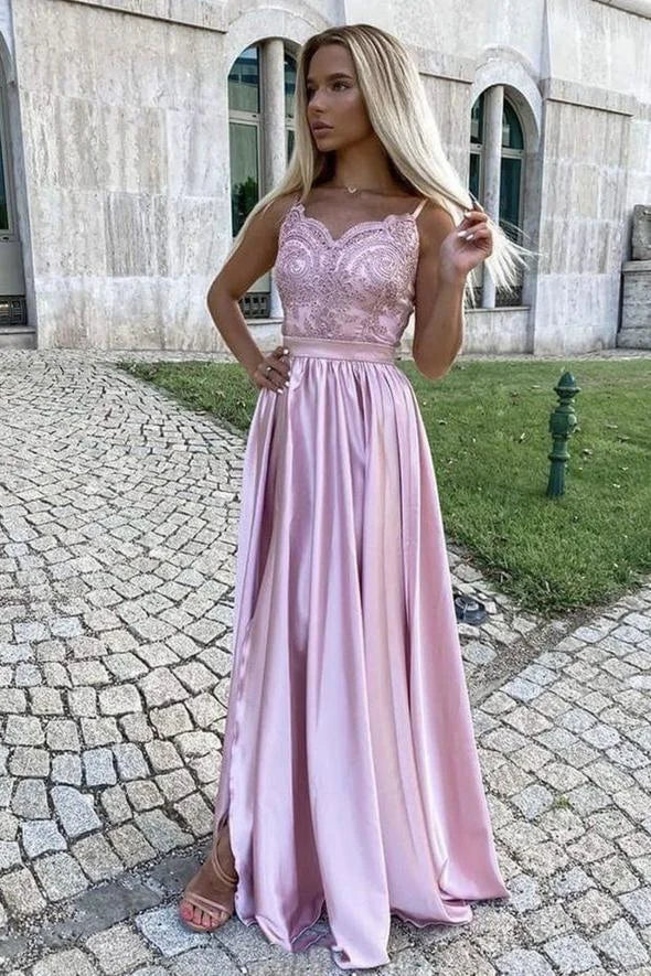 A line Spaghetti Straps Lace Satin Pink Long Prom Dress Evening Dress