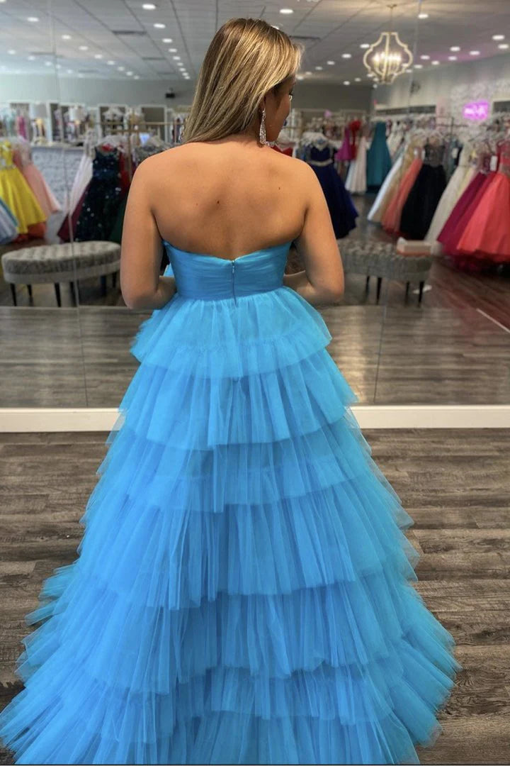 A line Strapless Tiered Tulle Blue Floor Length Prom Dress Evening Dress