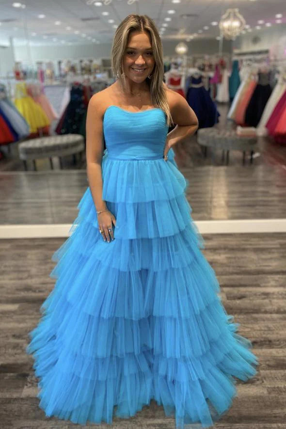 A line Strapless Tiered Tulle Blue Floor Length Prom Dress Evening Dress