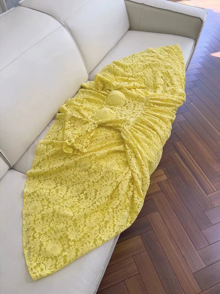 A line Sweetheart Short Sleeves Lace Yellow Long Evening Dress Prom Dress