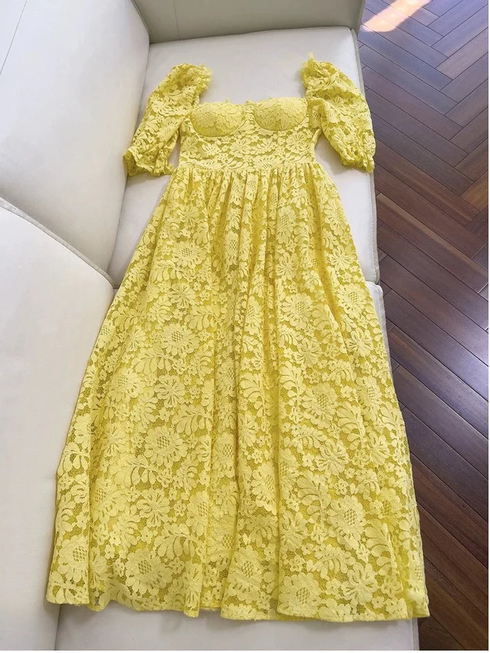 A line Sweetheart Short Sleeves Lace Yellow Long Evening Dress Prom Dress