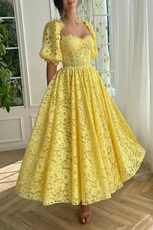 A line Sweetheart Short Sleeves Lace Yellow Long Evening Dress Prom Dress