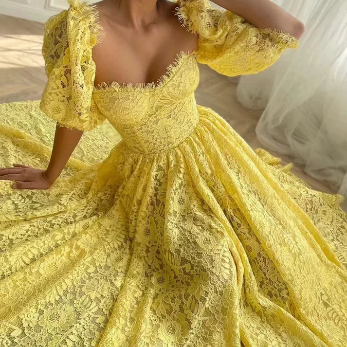 A line Sweetheart Short Sleeves Lace Yellow Long Evening Dress Prom Dress