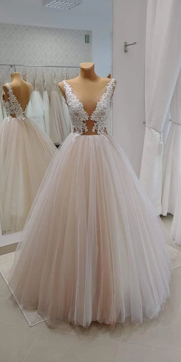A line V Neck Applique Open Back Sheer Tulle Formal Prom Dress