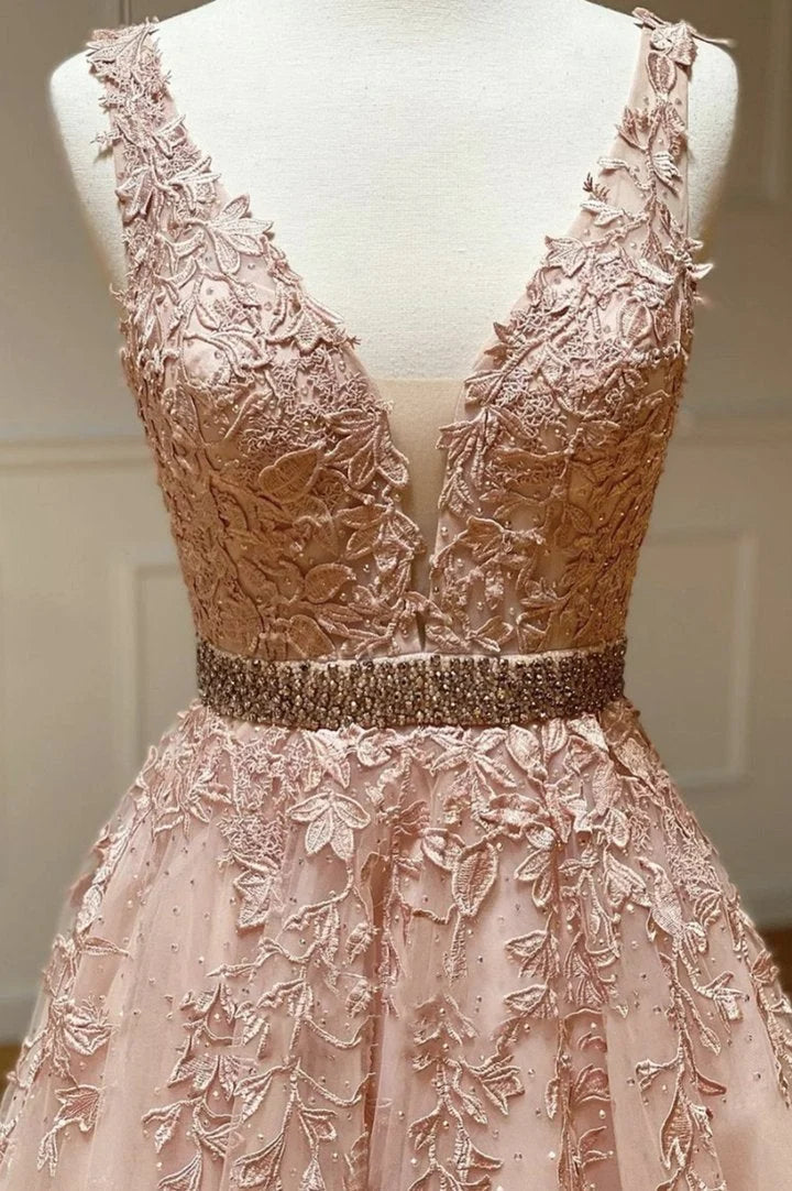 A line V Neck Beaded Applique Tulle Pink Long Prom Dress Evening Dress