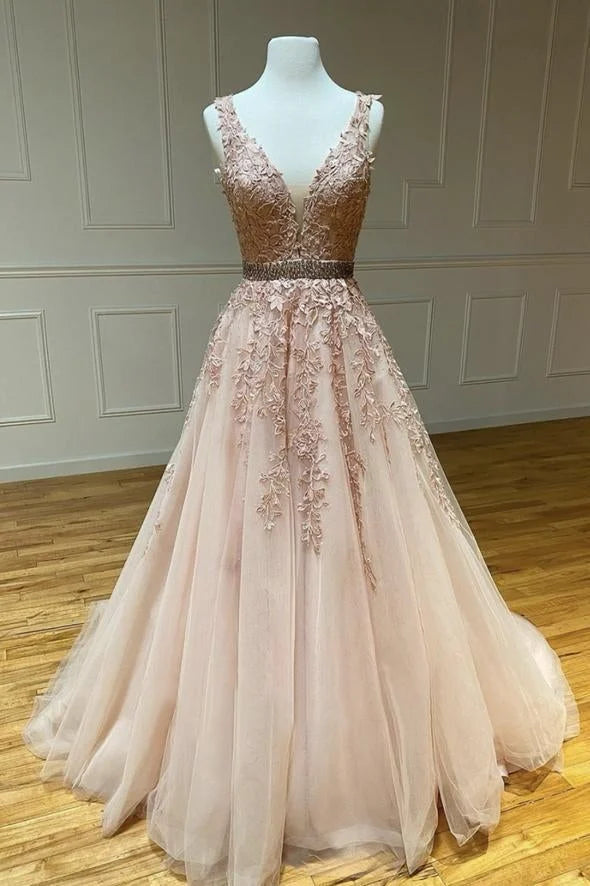 A line V Neck Beaded Applique Tulle Pink Long Prom Dress Evening Dress