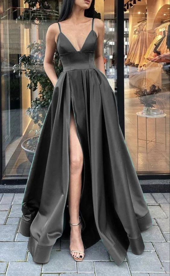 A line V Neck Satin Black Floor Length Prom Dress Evening Dress With Pockets