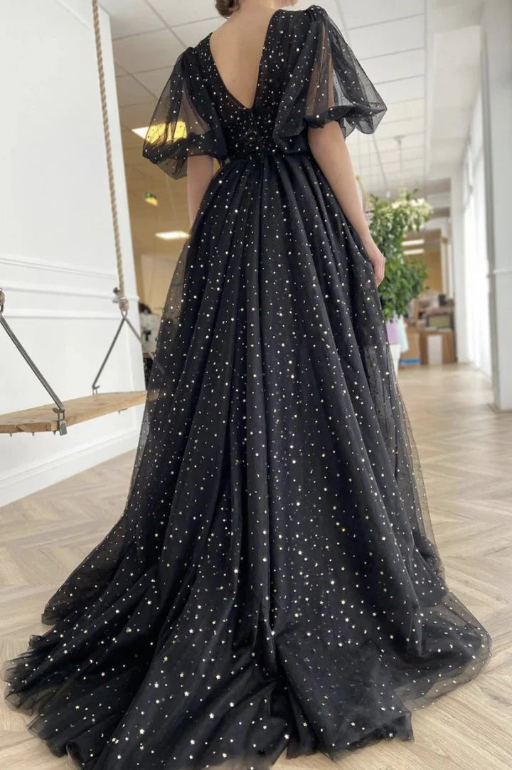 A line V Neck Short Sleeves Slit Tulle Black Long Prom Dress Evening Dress