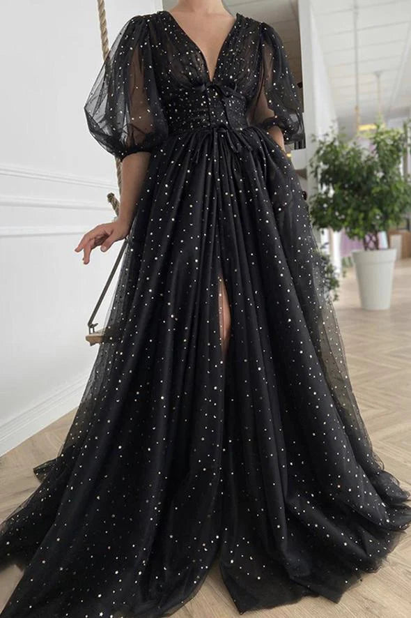 A line V Neck Short Sleeves Slit Tulle Black Long Prom Dress Evening Dress