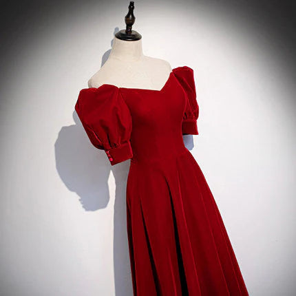 A line V Neck Short Sleeves Velvet Red Midi Bridesmaid Dress Custom