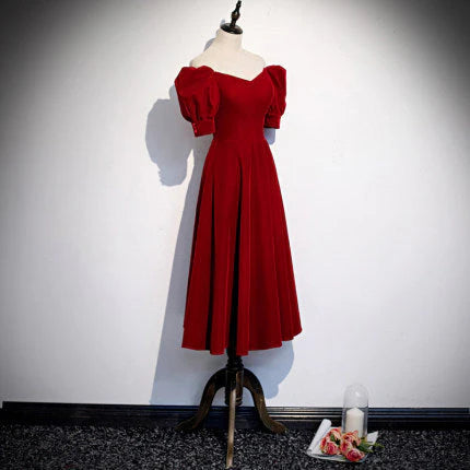A line V Neck Short Sleeves Velvet Red Midi Bridesmaid Dress Custom