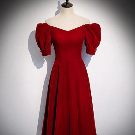 A line V Neck Short Sleeves Velvet Red Midi Bridesmaid Dress Custom