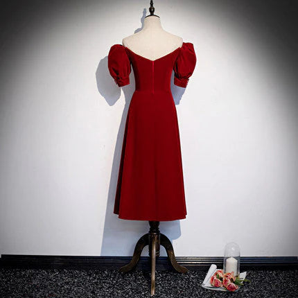 A line V Neck Short Sleeves Velvet Red Midi Bridesmaid Dress Custom