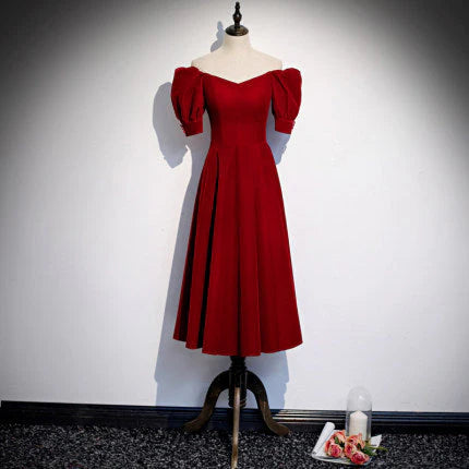 A line V Neck Short Sleeves Velvet Red Midi Bridesmaid Dress Custom