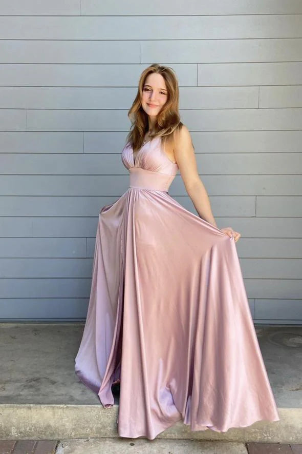 A line V Neck Slit Satin Pink Floor Length Prom Dress Evening Dress