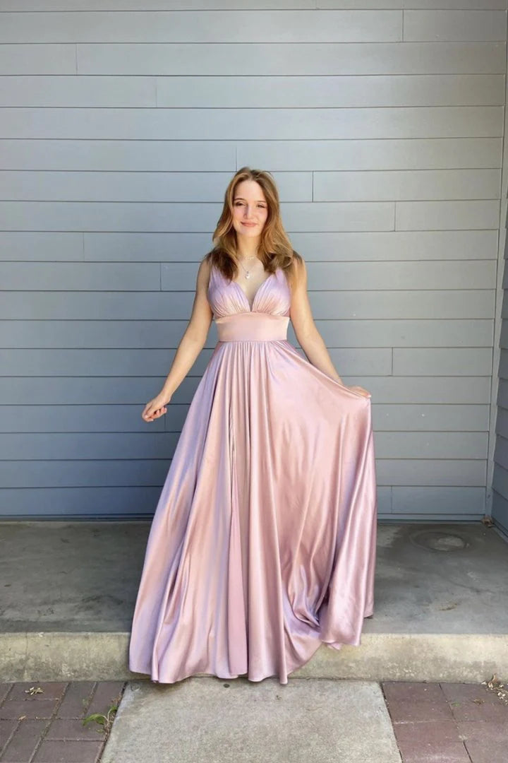 A line V Neck Slit Satin Pink Floor Length Prom Dress Evening Dress