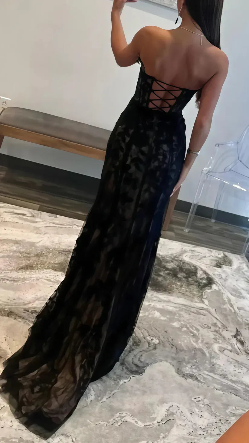 Alluring Mermaid Sweetheart Neck Sleeveless Lace Black Maxi Prom Dress for Women Custom