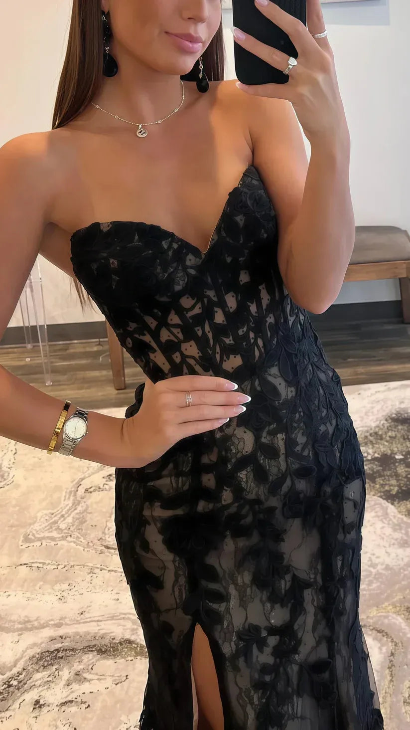 Alluring Mermaid Sweetheart Neck Sleeveless Lace Black Maxi Prom Dress for Women Custom