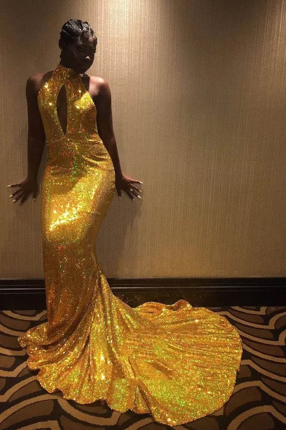Amazing Mermaid High Neck Keyhole Backless Sequin Gold Long Prom Dress