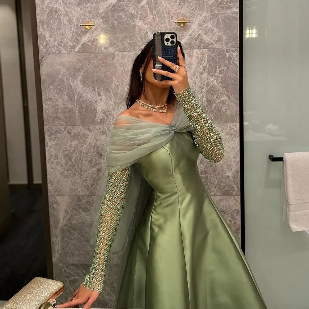 Arabic Off Shoulder Long Sleeves Bow Satin Long Evening Dress Prom Dress
