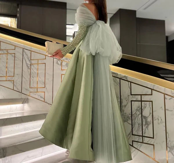 Arabic Off Shoulder Long Sleeves Bow Satin Long Evening Dress Prom Dress