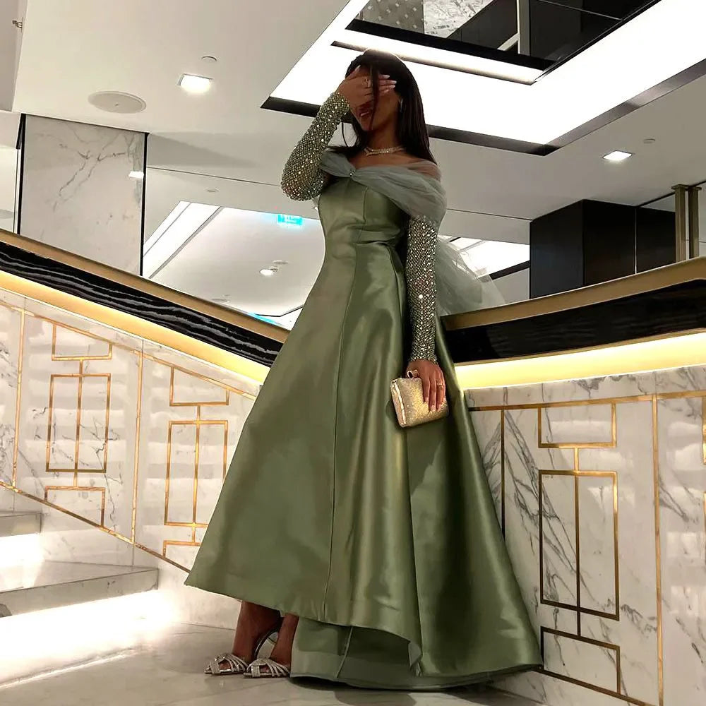 Arabic Off Shoulder Long Sleeves Bow Satin Long Evening Dress Prom Dress