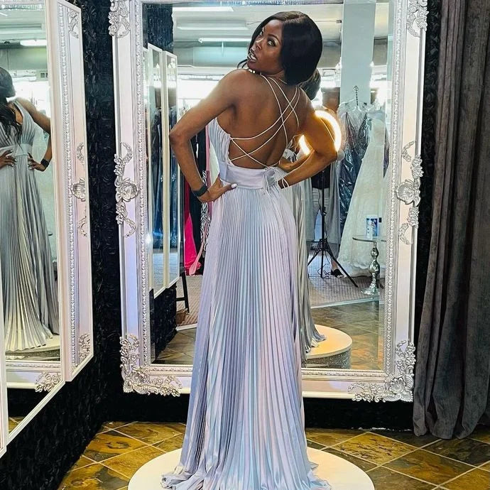 As Pic A-Line V-Neck Pleated Open Back Floor Length Prom Dress