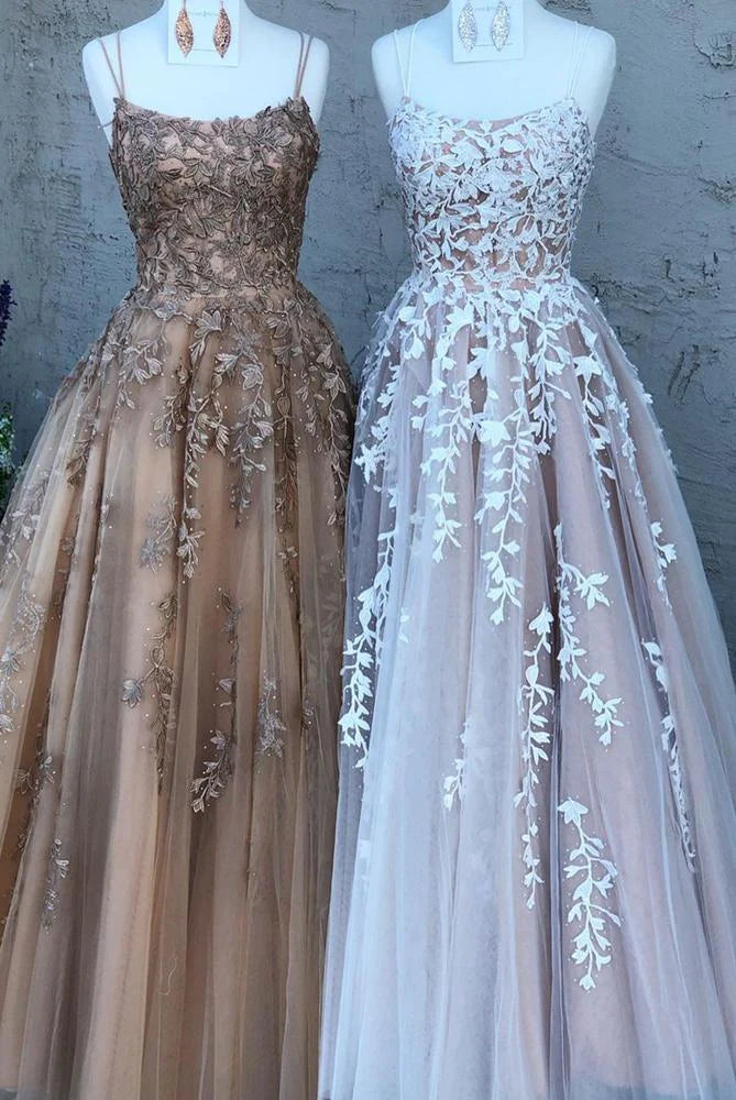 As Pic A-line Spaghetti Straps Appliques Beaded Long Prom Dress
