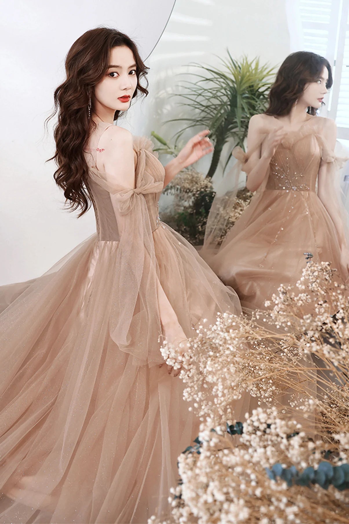 As Pic A Line Round Neck Sequins Tulle Long Prom Dress Evening Dress