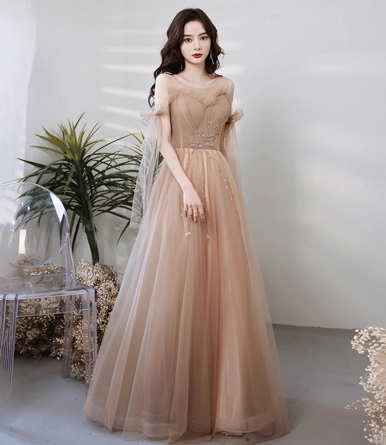 As Pic A Line Round Neck Sequins Tulle Long Prom Dress Evening Dress