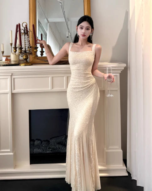 As Pic Elegant Mermaid Square Neck Sequins Chiffon Formal Evening Dress