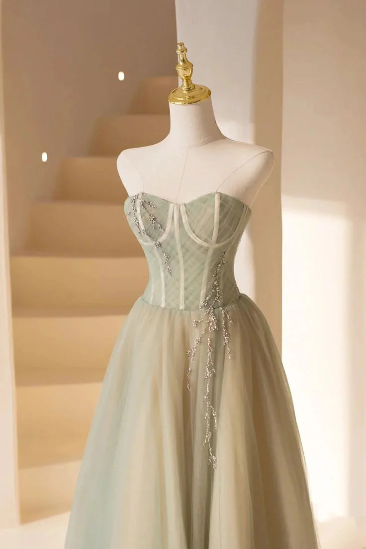 As Pic Lovely A-Line Strapless Corset Beaded Tulle Long Prom Dress