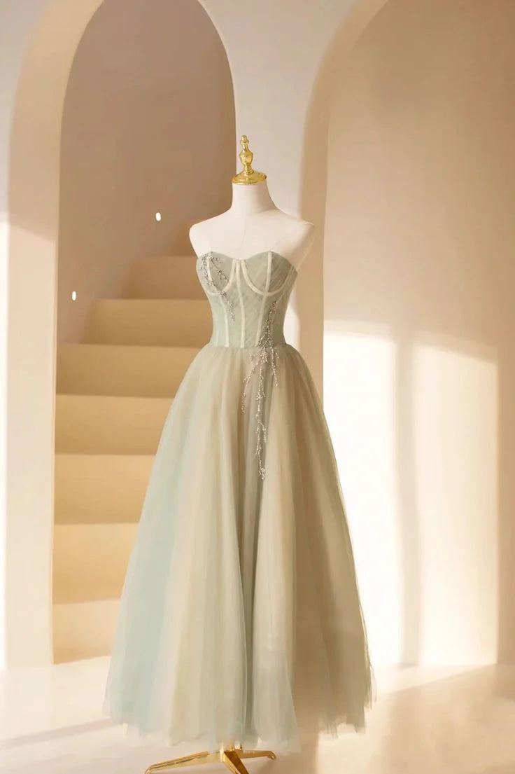 As Pic Lovely A-Line Strapless Corset Beaded Tulle Long Prom Dress
