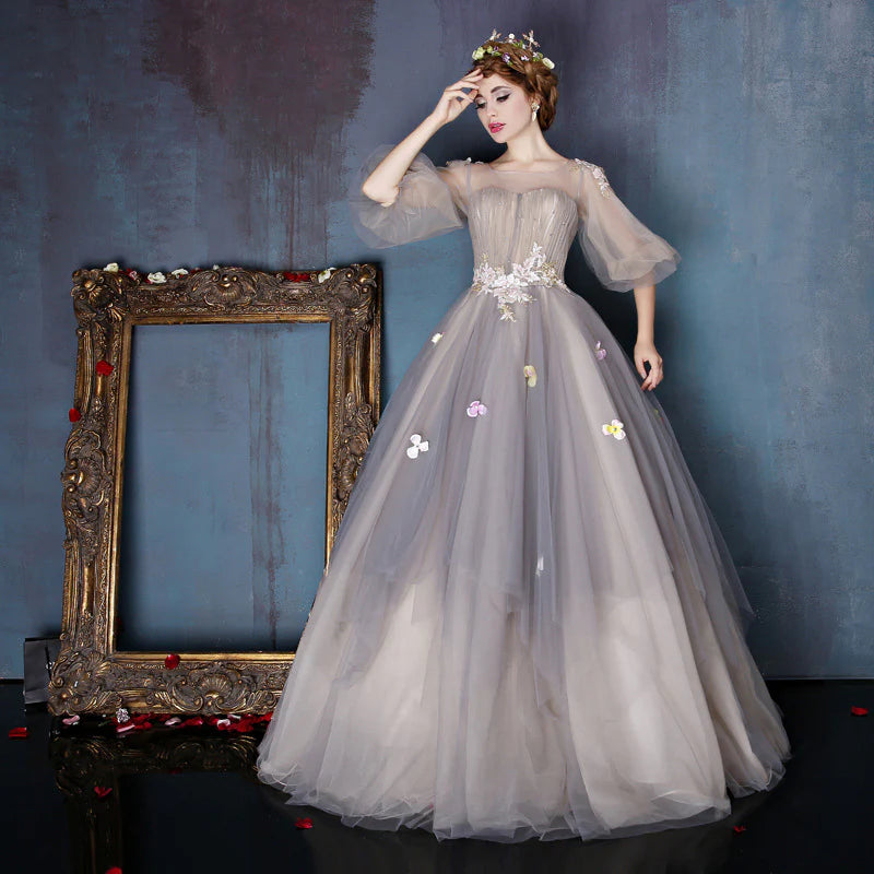 As Pic Lovely A Line Round Neck Tulle Long Prom Dress With Applique