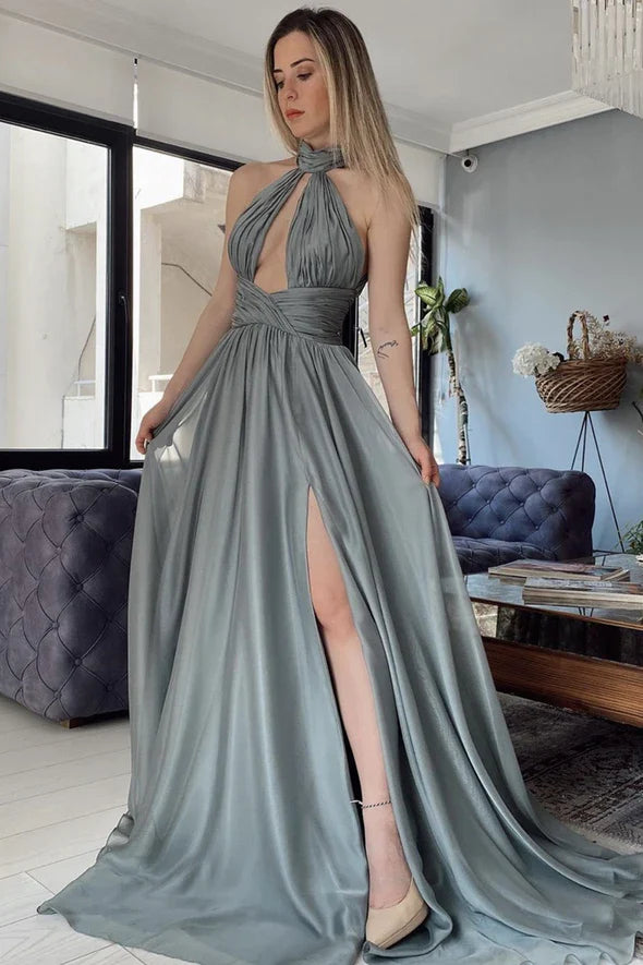 As Pic Sexy A line High Neck Chiffon Long Prom Dress Evening Dress