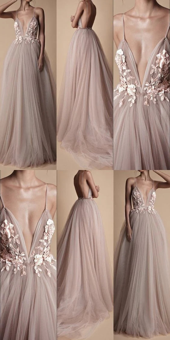 As Pic Sexy Deep V Neck Backless Tulle Long Prom Dresses With Applique