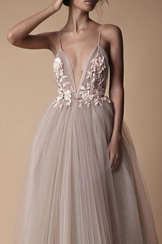 As Pic Sexy Deep V Neck Backless Tulle Long Prom Dresses With Applique